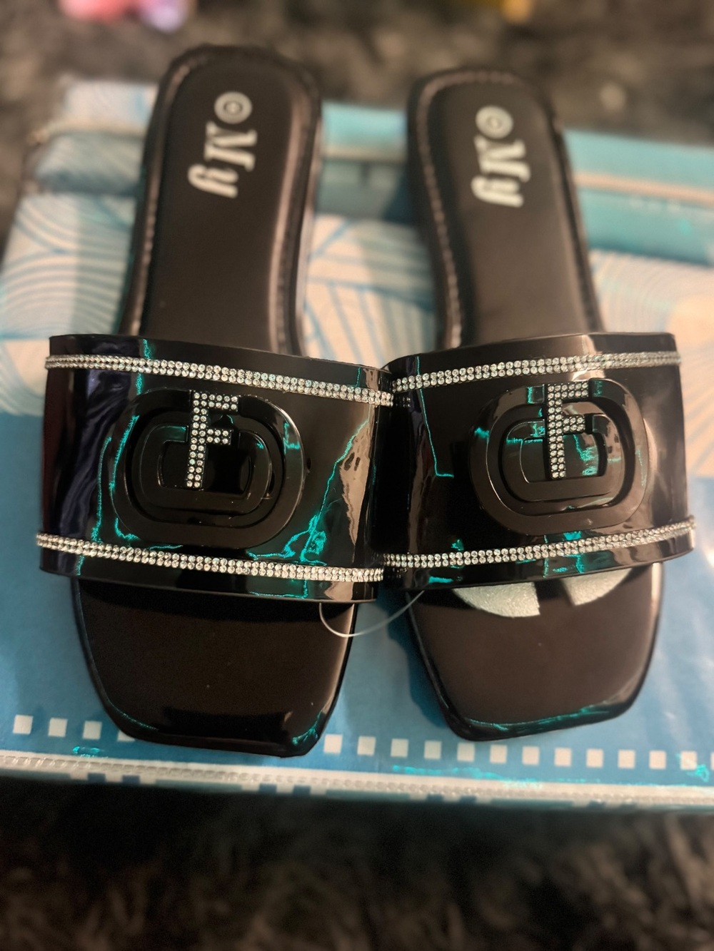 Black Patent Slide Sandals with Rhinestone Accent